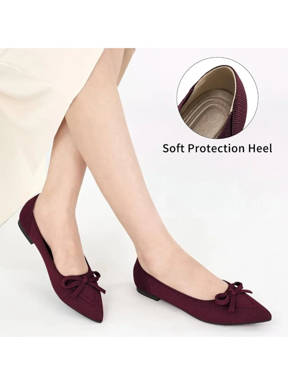 Women Wine Red Ballet Flats Shoes Dressy Pointed Toe Bow Knit Flats Comfortable